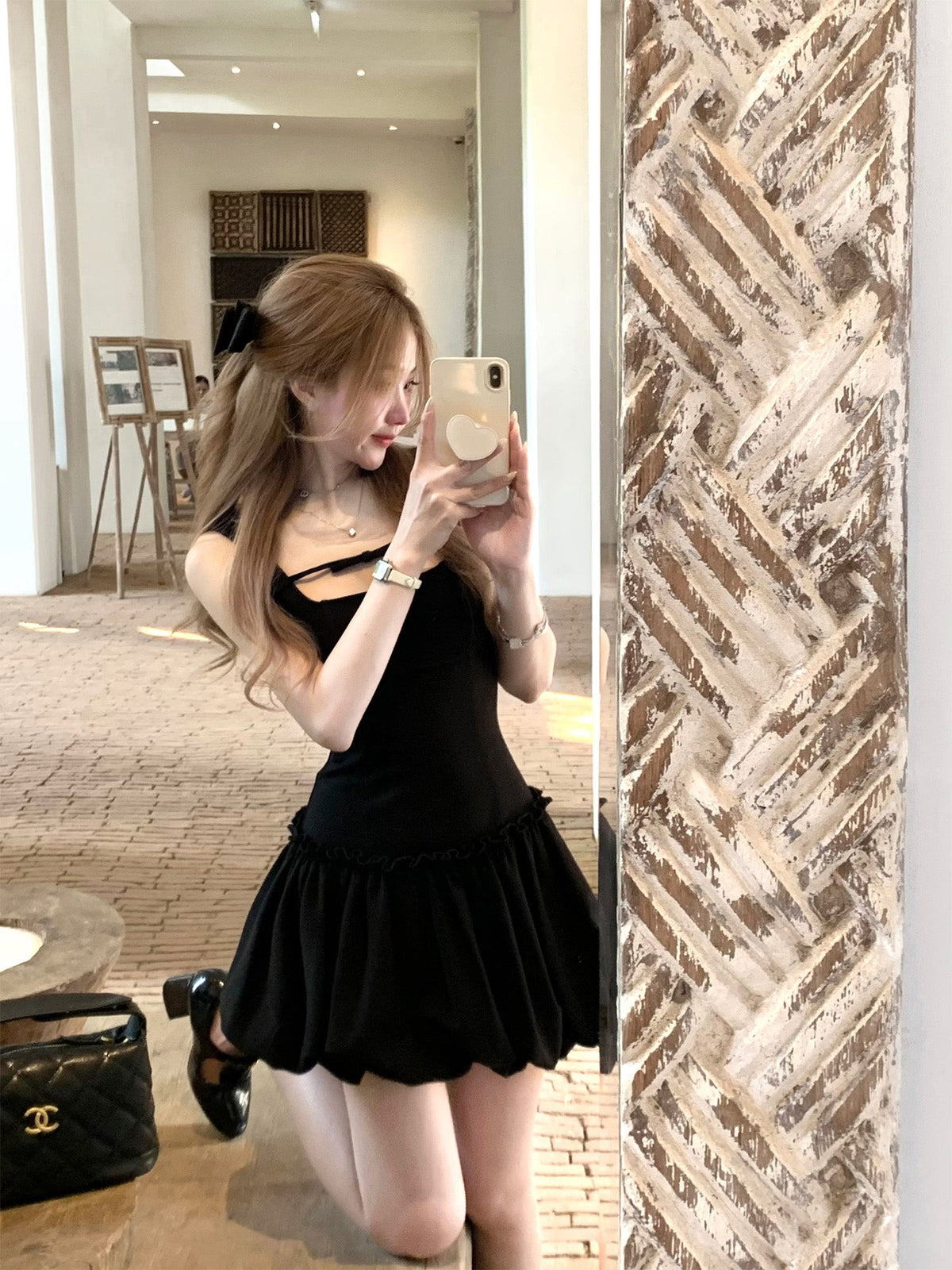 Flower bud vest little black dress waist slimming French Hepburn dress women's summer R3913