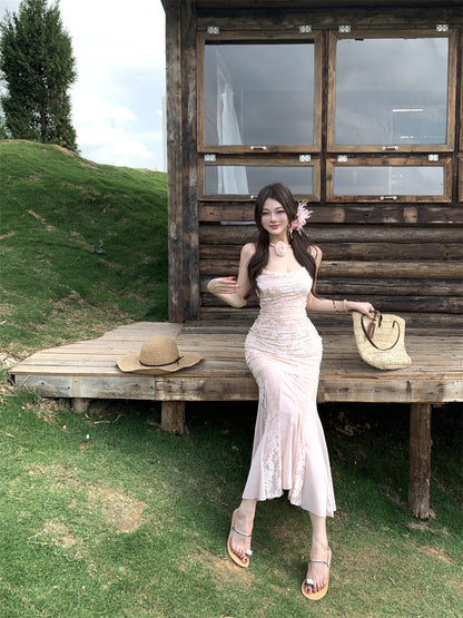 Pink floral suspender dress, beautiful waist, slim fit, hip fishtail skirt R0631