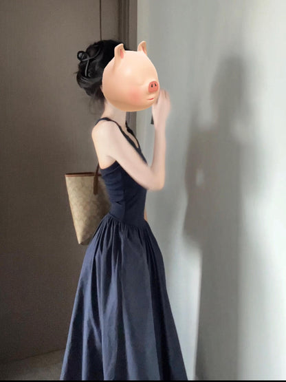 Black dress temperament high-end sleeveless halter neck waist long dress design backless dress R0438
