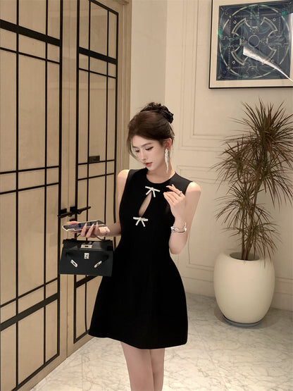 Temperament little black dress bow vest dress waist A-line small dress R0536