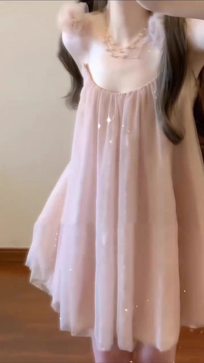 Gentle temperament pink mesh suspender dress high-grade loose A-line short skirt R0820