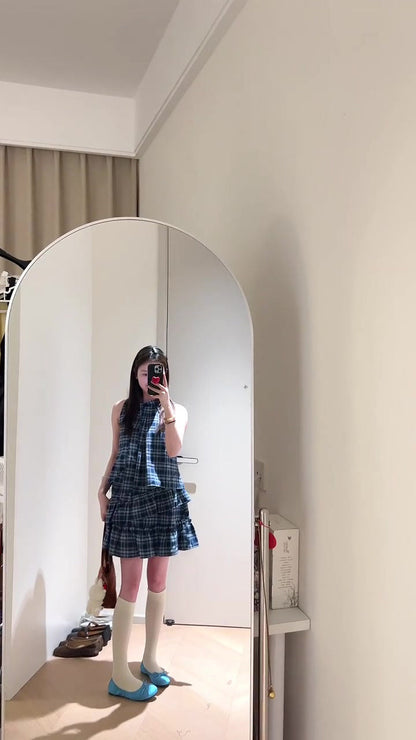 Retro blue sleeveless halter dress gentle temperament A-line short skirt R0817