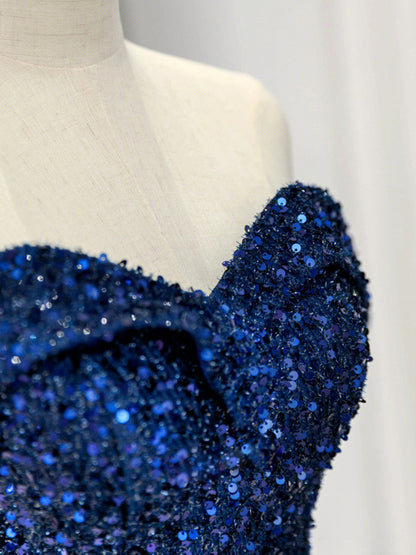 Blue Sequins Sweetheart Off Shoulder Evening Dress, A-Line Blue Long Party Dress Prom Dress