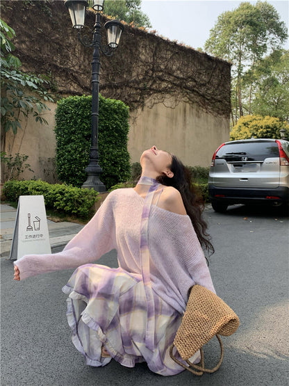 Gentle temperament purple plaid suspender dress beautiful waist A-line long skirt R0734