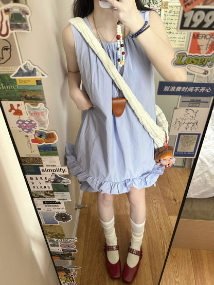 Gentle and sweet style vest dress beautiful loose A-line short skirt R0827