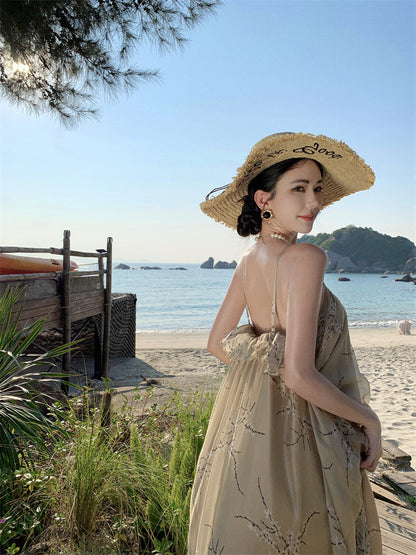 Retro printed suspender dress gentle temperament A-line long skirt R0660