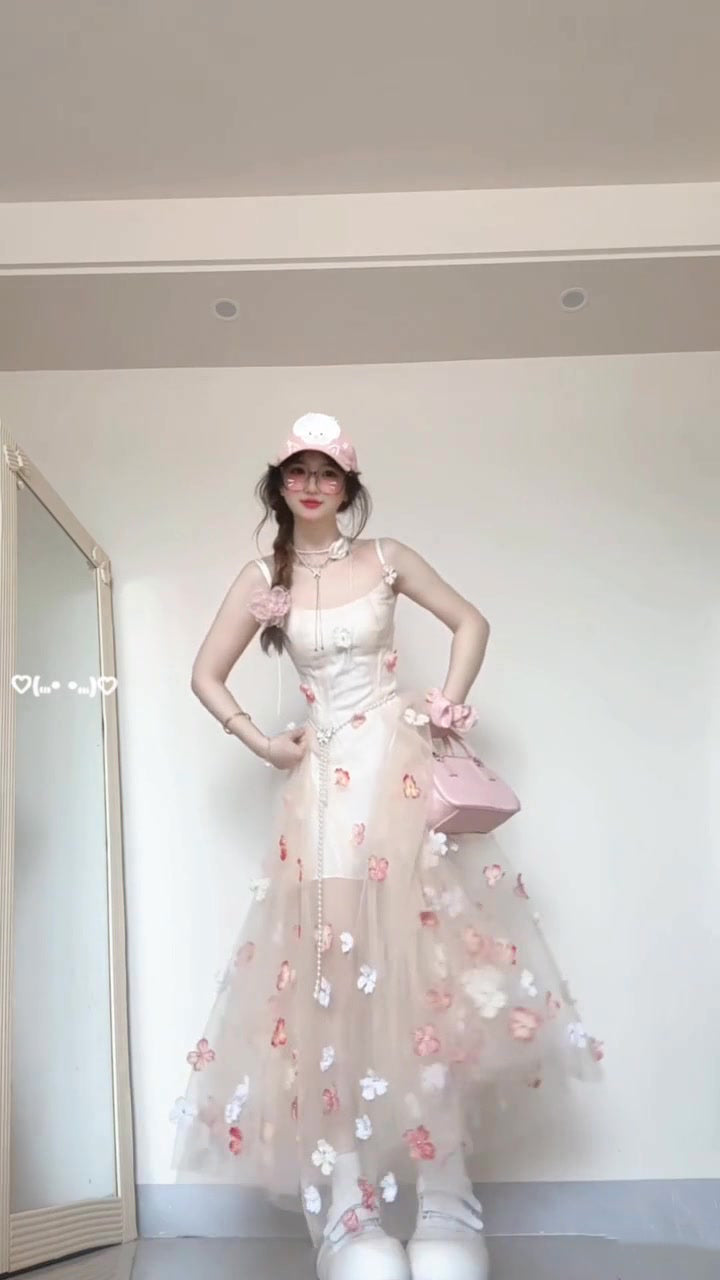Flower suspender dress gentle temperament beautiful waist A-line long skirt R0661