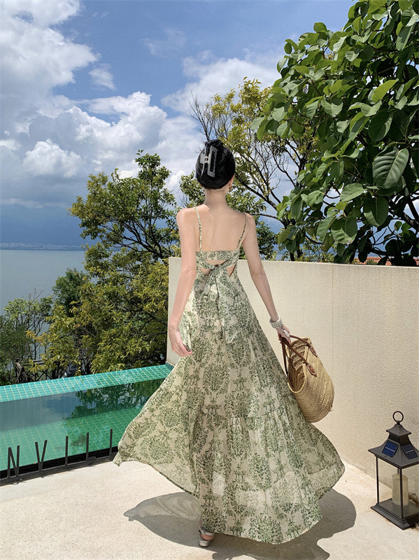 Tea break French holiday print suspender dress super fairy sweet temperament high-end beach dress R0189