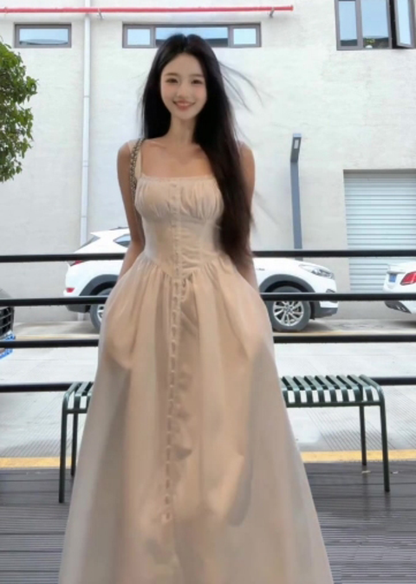 Gentle white moonlight suspender dress unique waist A-line skirt R0514