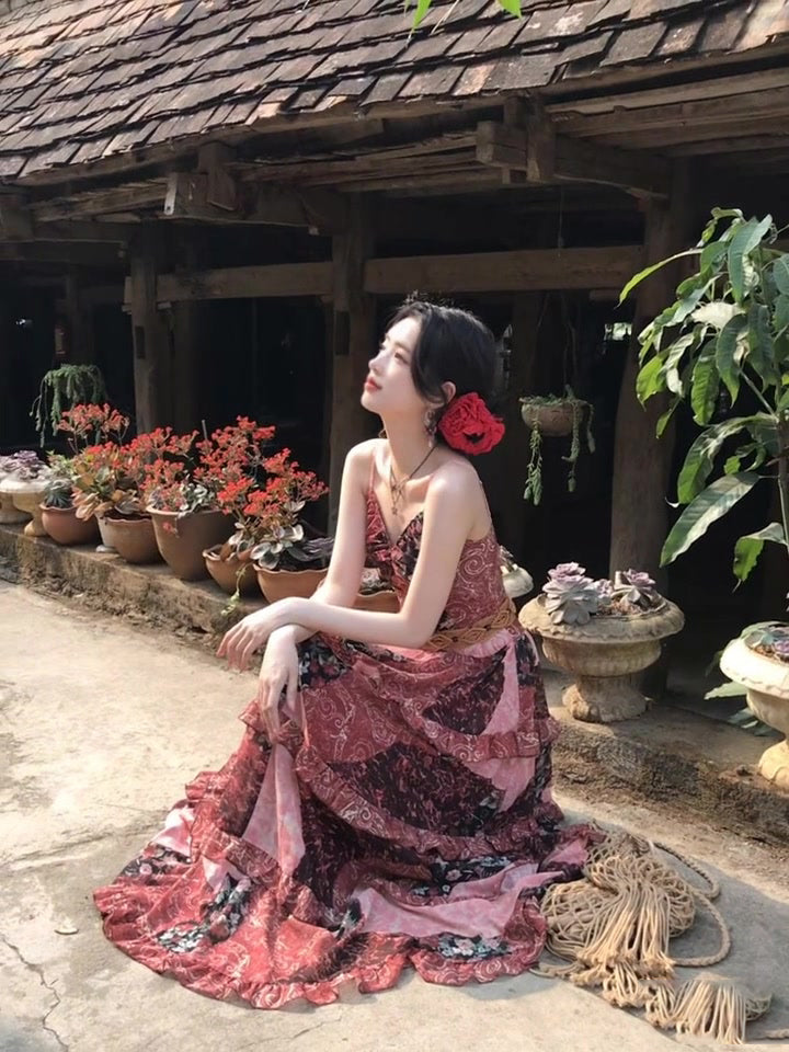 Women's Retro Floral Sling Dress Beautiful Waist A-Line Long Dress R0605