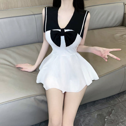 Pure girl style color matching navy collar sailor dress bow slim mini short uniform vest dress R3755
