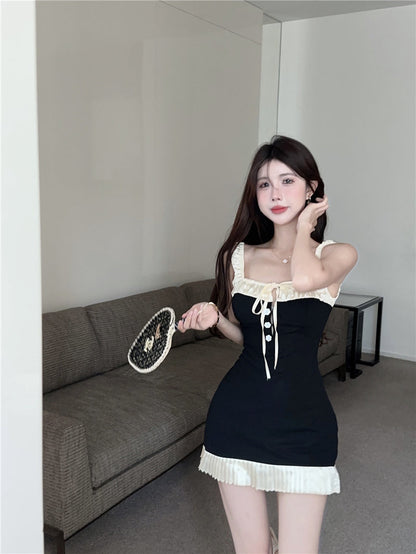 French sexy suspender dress summer slim fit ruffled hip short vest dress R3748