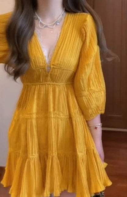 Yellow v-neck dress new style seaside holiday temperament waist a-line skirt R0678