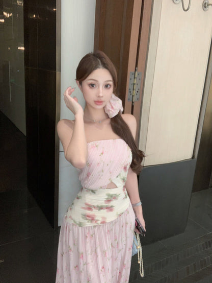 Gentle style pink floral hollow one-shoulder dress with waist A-line long skirt R0612