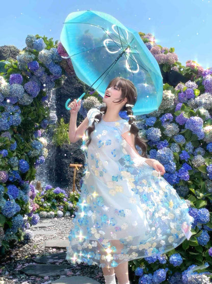 Gentle and sweet style blue flower short-sleeved dress holiday style A-line long skirt R0721