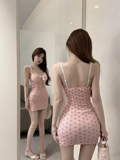Sweet pure desire style girl dress print slim fit chest pad pink sleeveless hip skirt R3633