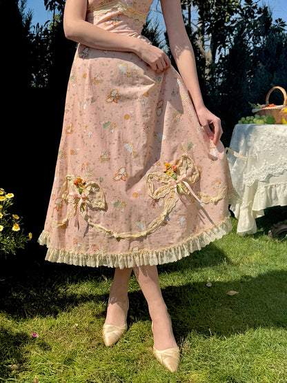 French Retro Pastoral Oil Painting Long Strap Printed Lace Dress Homecoming Dress R5151