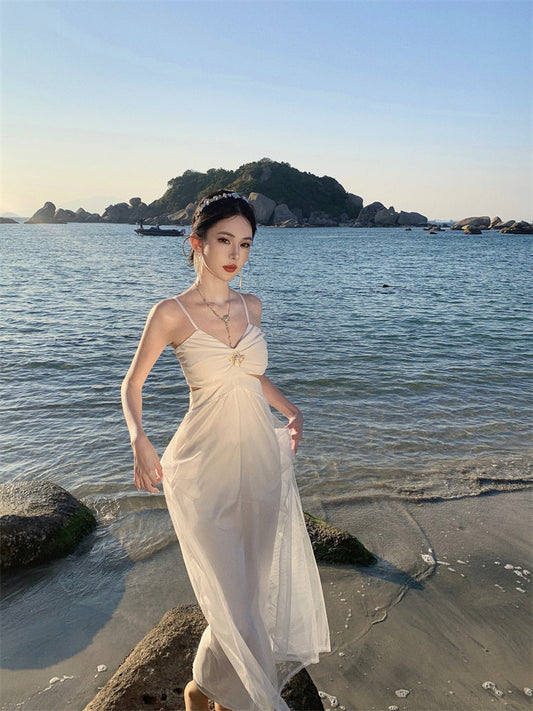 White hollow suspender dress gentle temperament waist backless A-line long skirt R0596