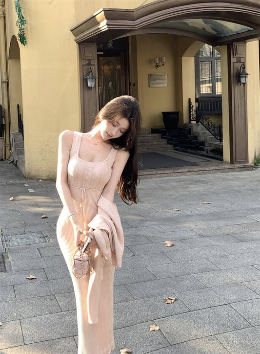 Sexy pink knitted suspender dress gentle temperament waist slim hip skirt R0502