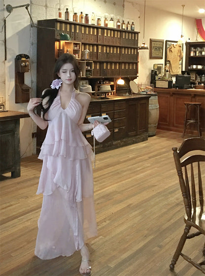 Beach Vacation Pink Chiffon Halter Neck Vest Skirt Two-piece Set R0508