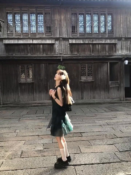 Retro green sleeveless vest dress gentle and sweet style waist A-line short skirt R0706