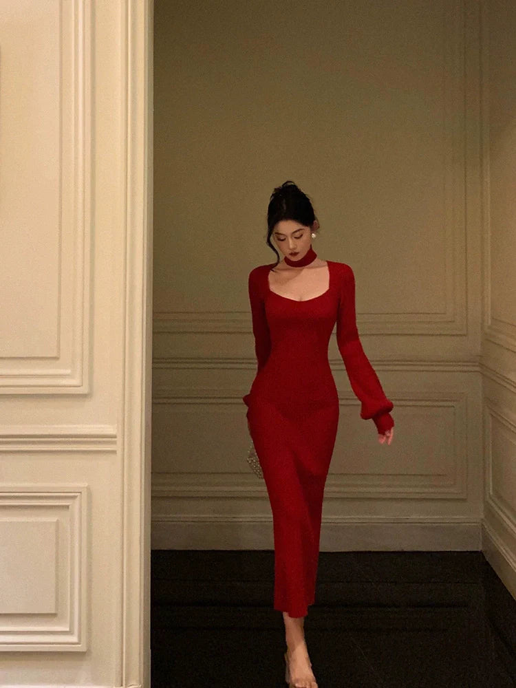 Red scarf knitted dress new retro square neck dress     S5534