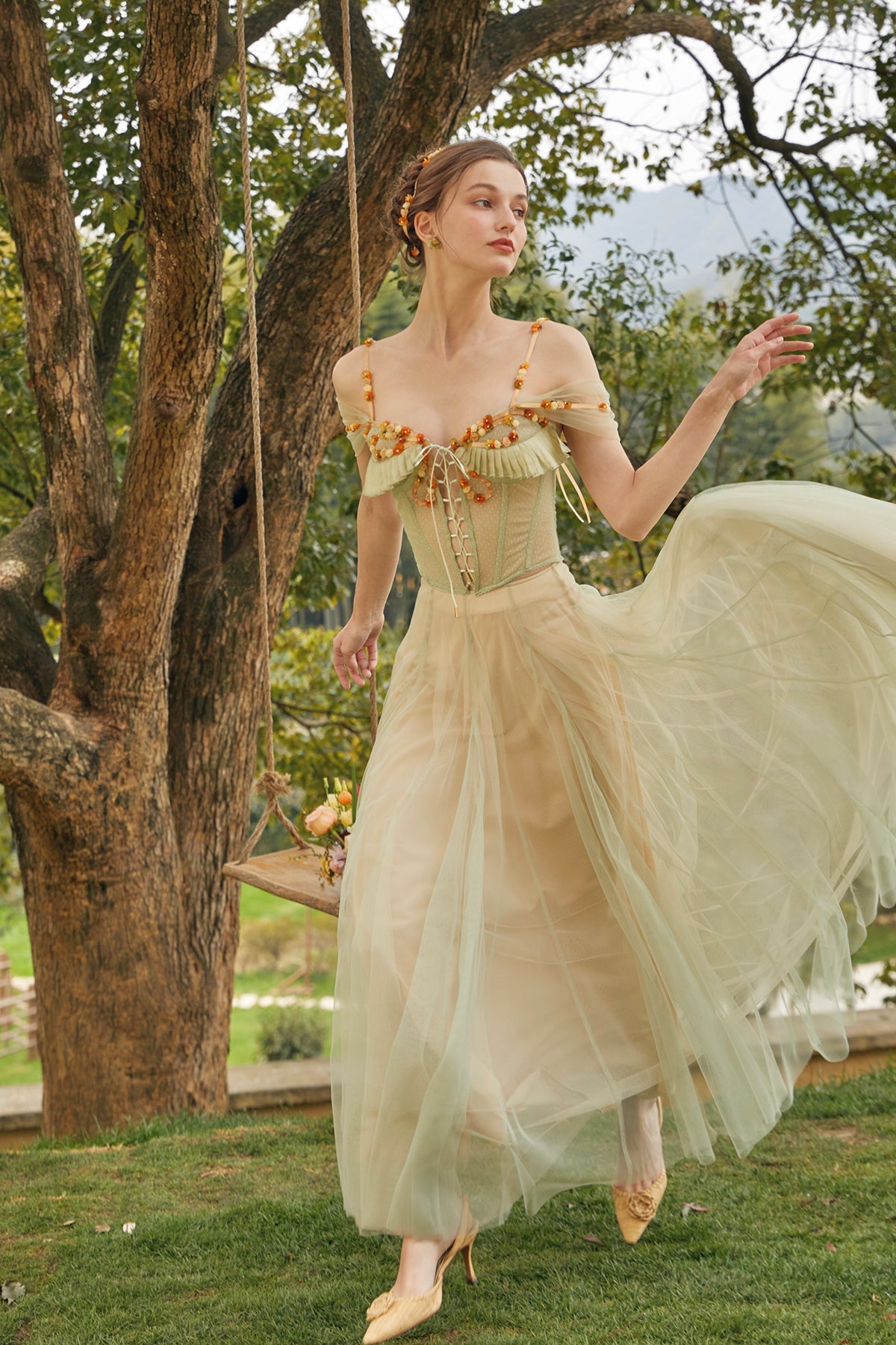 French Green Fairy Dress Set Heavy Fishbone Corset Top Tulle Skirt Homecoming Dress R5144