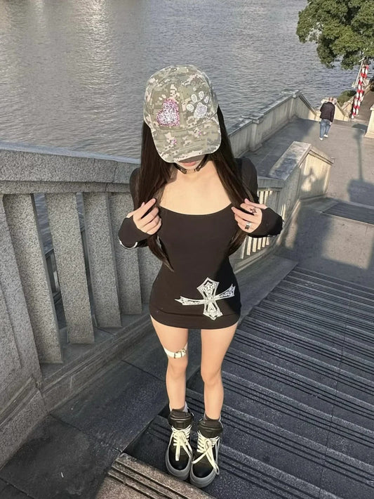Printed long-sleeved black dress 2025 new slim hip skirt short style R0551