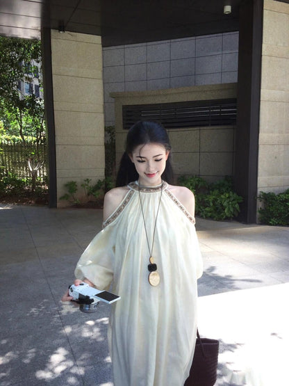 Off-the-shoulder dress, relaxed French long skirt R0552