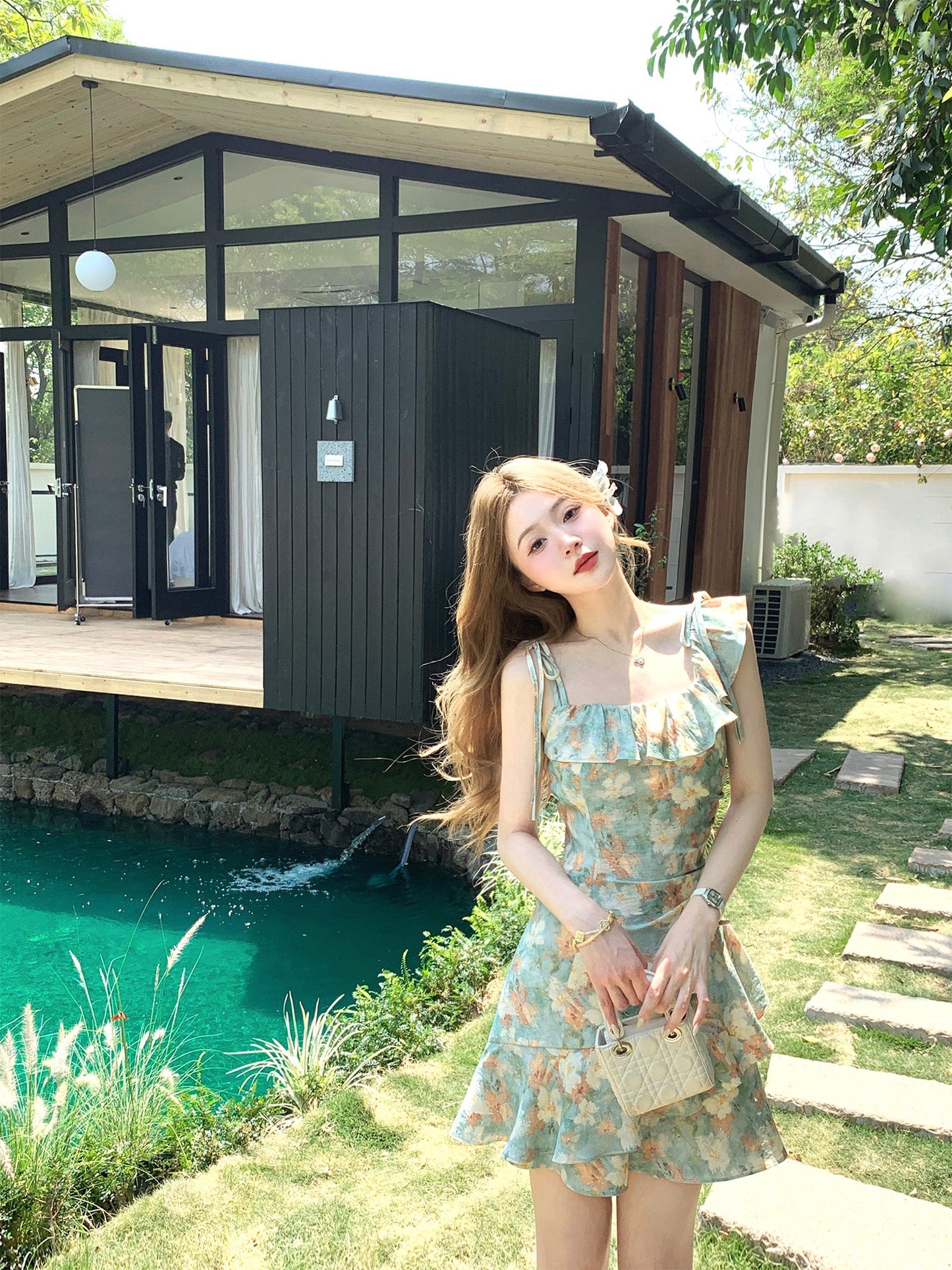 Green oil painting waist dress holiday design suspenders floral dress women summer R3909