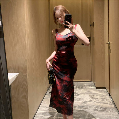 Light and mature retro print suspender dress waist and hip long skirt R0593