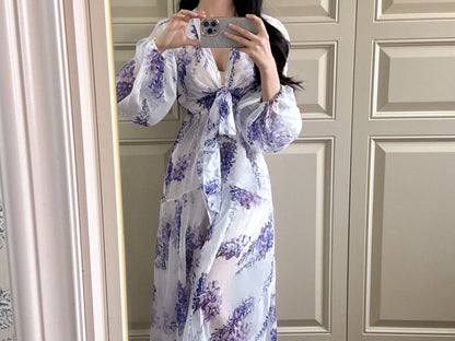 Floral dress new style waist temperament seaside holiday temperament long skirt R0680