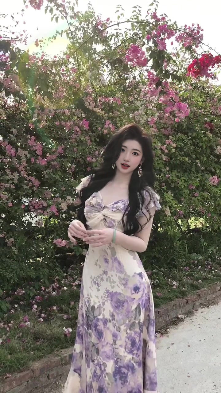 Purple V-neck floral one-shoulder dress gentle temperament waist A-line long skirt R0776
