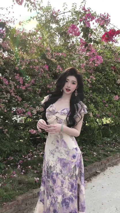 Purple V-neck floral one-shoulder dress gentle temperament waist A-line long skirt R0776