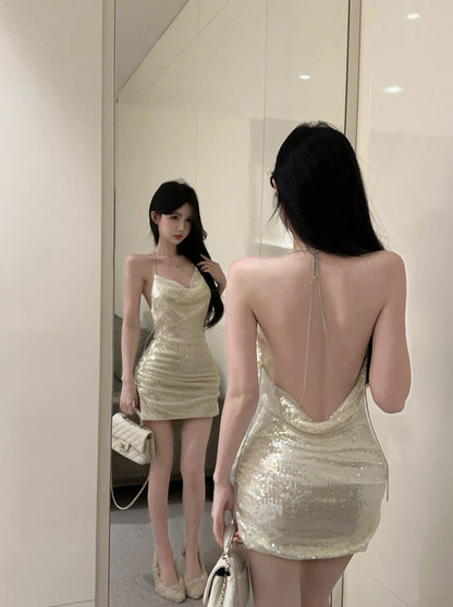 High-end halter neck open back sequined dress pure sexy high waist slim fit dress R3754
