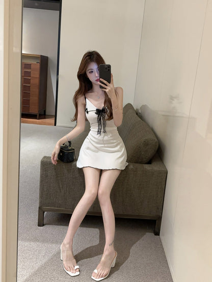 Pure desire style V-neck sexy bow suspender skirt summer slimming A-line dress R3787