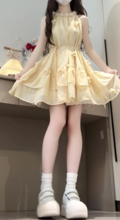 Gentle style flower sleeveless halter dress beautiful temperament waist A-line short skirt R0810
