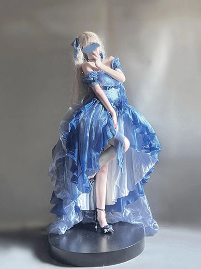 Beautiful High Low Off The Shoulder Short Sleeves Blue Rose Floral 16th Chiffon Birthday Dress Lolita Dress 18th Birthday Outfits W1239