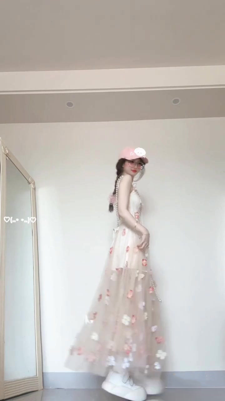 Flower suspender dress gentle temperament beautiful waist A-line long skirt R0661