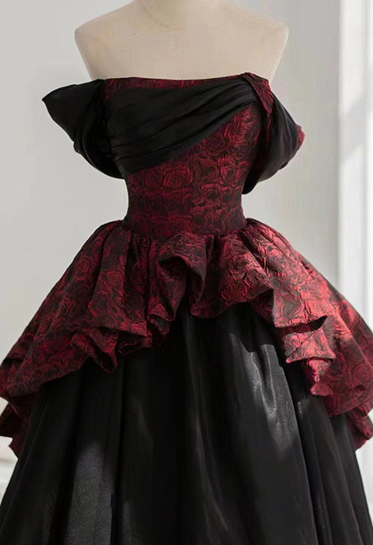 Black and Red Scoop Strapless Long Party Dress, A-line Satin Black Prom Dress