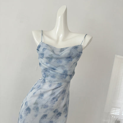 Blue summer romance song neck halter design goddess dress long and short chiffon dress for women DP0007