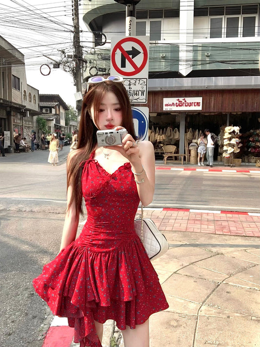 Summer waist slimming temperament red floral holiday halter neck slim dress for women R3914