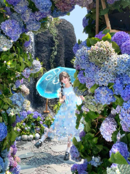 Gentle and sweet style blue flower short-sleeved dress holiday style A-line long skirt R0721