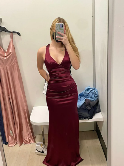 Simple Burgundy V Neck Long Party Dress Formal Prom Dress Y7537