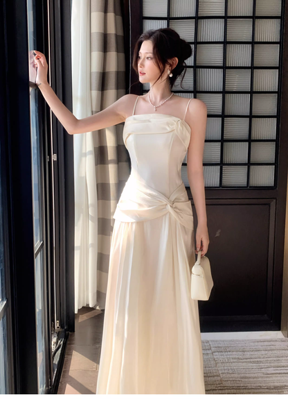 Pretty Spaghetti Straps Light Apricot Satin A Line Long Wedding Guest Dress Formal Birthday Party Dress Prom Gown SP1501
