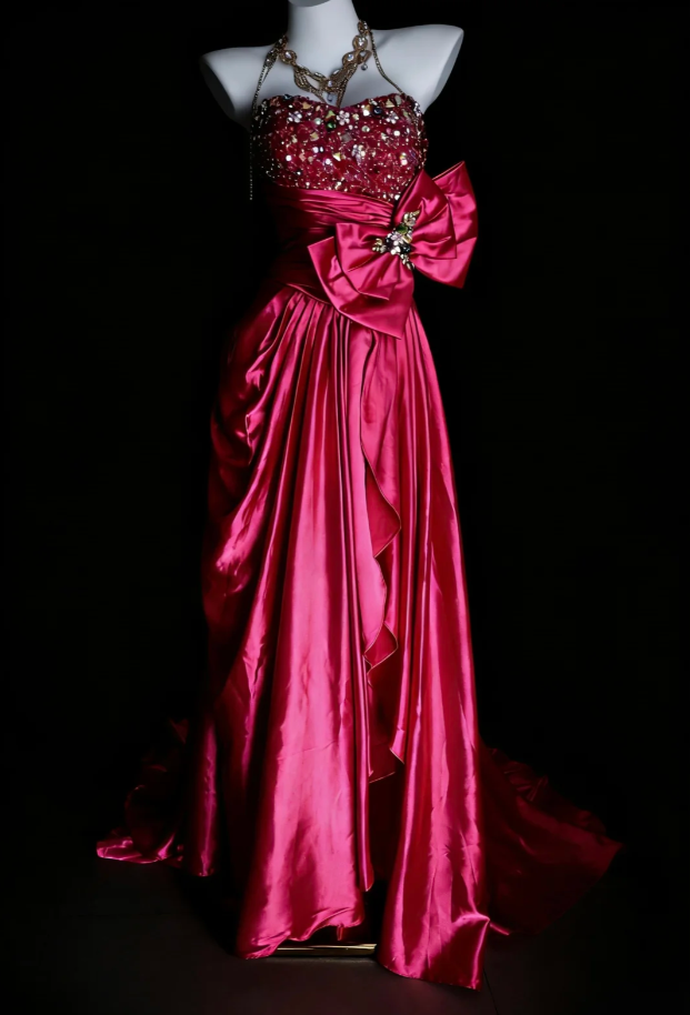 Fashion Hot Pink Satin Beaded Mermaid Long Evening Dress Formal Wedding Guest Dress With Bow SP1844
