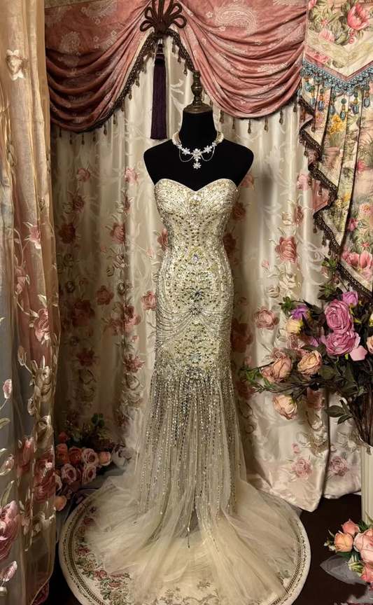 Luxurious Sweetheart Neck Tulle Beaded Mermaid Long Party Dress Prom Gown SP635