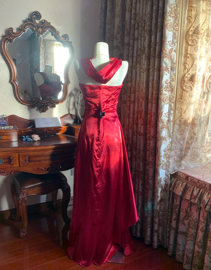 Stylish Burgundy Satin Ruffles Long Party Dress Evening Gown