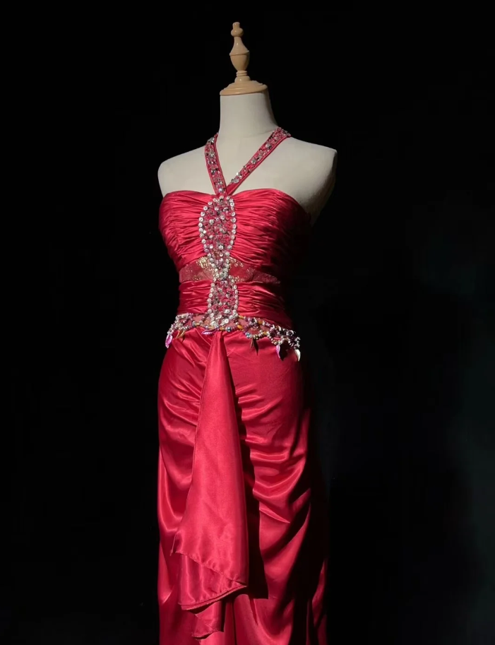Pretty Halter Satin Pleated Beaded Cerise Pink Long Evening Dress Formal Wedding Guest Dress D1935