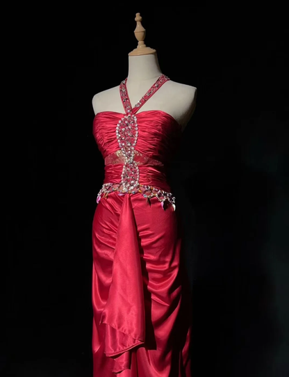 Pretty Halter Satin Pleated Beaded Cerise Pink Long Evening Dress Formal Wedding Guest Dress D1935
